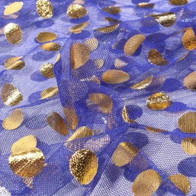 Tissu Tulle souple  Cercles métallisés sur fond Bleu roi - Par 10 cm