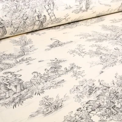 Tissu Toile de Jouy Grande largeur Au fil du temps Noir - Par 10 cm