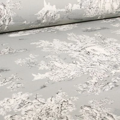 Tissu Toile de Jouy Grande largeur Au fil du temps Gris - Par 10 cm