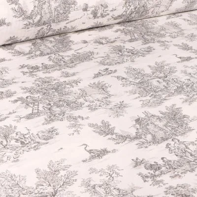 Tissu Coton imprimé grande largeur Jouy anthracite sur fond Blanc cassé - Par 10 cm