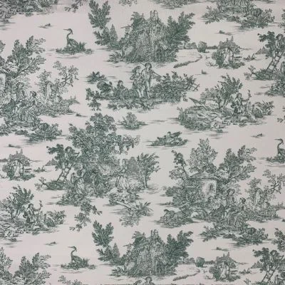 Tissu Coton imprimé Pastorale Vert sur fond Blanc - Par 10 cm