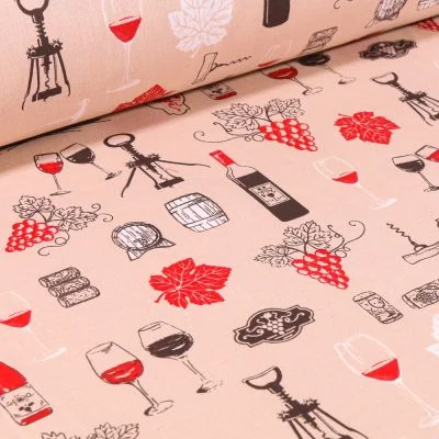 Tissu Coton imprimé Vignobles sur fond Beige - Par 10 cm