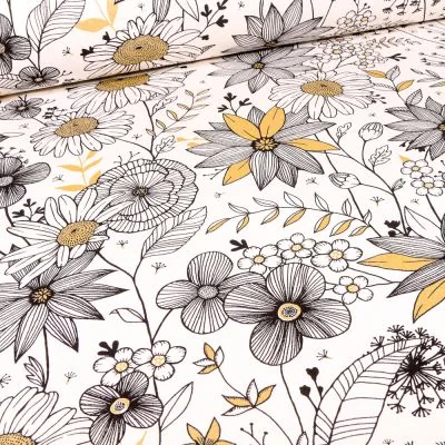 Tissu Toile de Coton Fleurs noires blanches et dorées sur fond Blanc - Par 10 cm