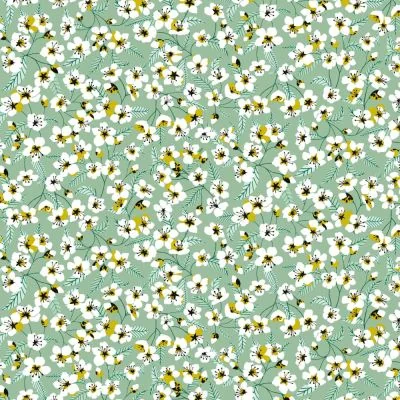 Tissu Coton imprimé Miyu sur fond Vert menthe - Par 10 cm