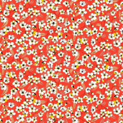 Tissu Coton imprimé Miyu sur fond Corail - Par 10 cm