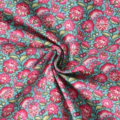 Coupon Tissu Coton imprimé Arty Mirelda fleurs vintage Roses sur fond Bleu - Par coupon de 3 mètres