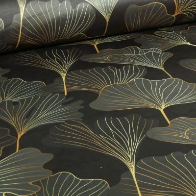Tissus Velours ras épais tout doux Gingko Tiffany or sur fond Noir - Par 10 cm