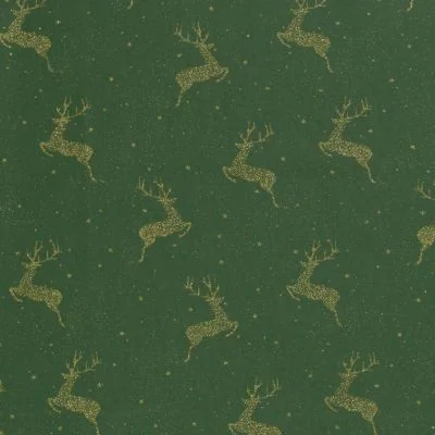 Tissu Coton imprimé Noël Rênes dorées sur fond Vert sapin - Par 10 cm