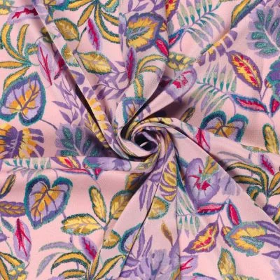 Tissu Satiné bubble Feuilles violettes sur fond Rose clair - Par 10 cm