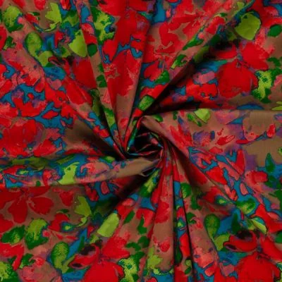 Tissu Coton Satiné Fleuris tacheté sur fond Bleu canard - Par 10 cm