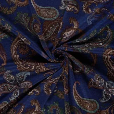 Tissu Jersey Viscose Aliénor motif paisley Marron sur fond Bleu marine - Par 10 cm