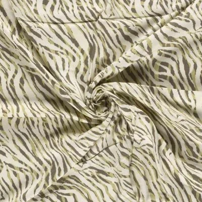 Tissu Viscose satiné Hermine zébré Kaki et Taupe sur fond Ecru - Par 10 cm