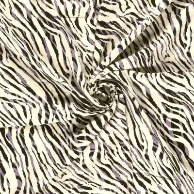 Tissu Viscose satiné Hermine zébré Noir et Gris sur fond Ivoire - Par 10 cm