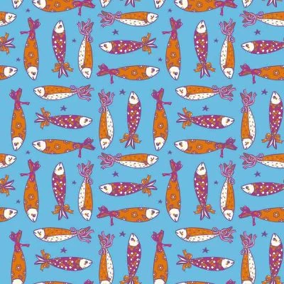 Tissu Popeline de Coton Sardines en Fête Poissons stylisés sur fond Bleu azur - Par 10 cm