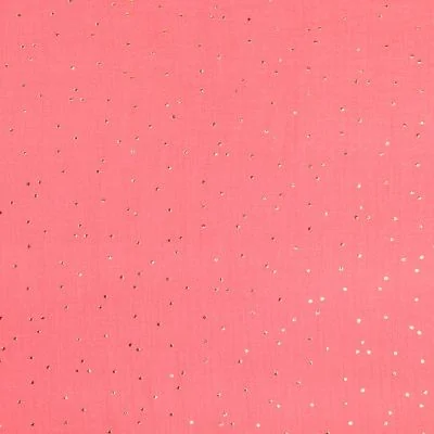 Tissu Double gaze Baya Pois dorés sur fond Corail - Par 10 cm