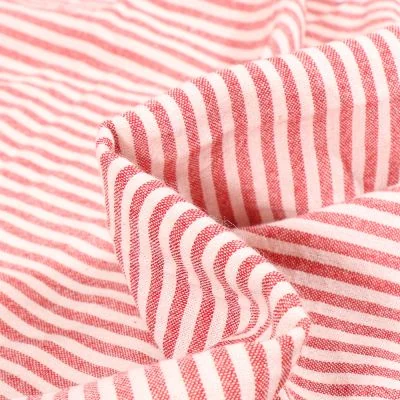 Tissu Viscose Coton Vichy aspect lin Rayures rouges sur fond Blanc - Par 10 cm