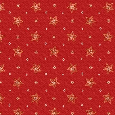 Tissu Jacquard d&#039;ameublement Etoiles de noël Lurex sur fond Rouge - Par 10 cm