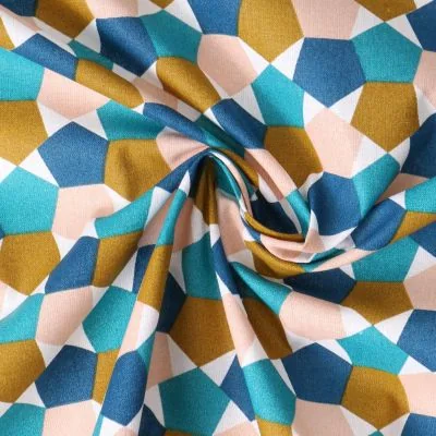 Tissu Popeline de Coton  Nora cubes imbriqués Bleus sur fond Blanc - Par 10 cm